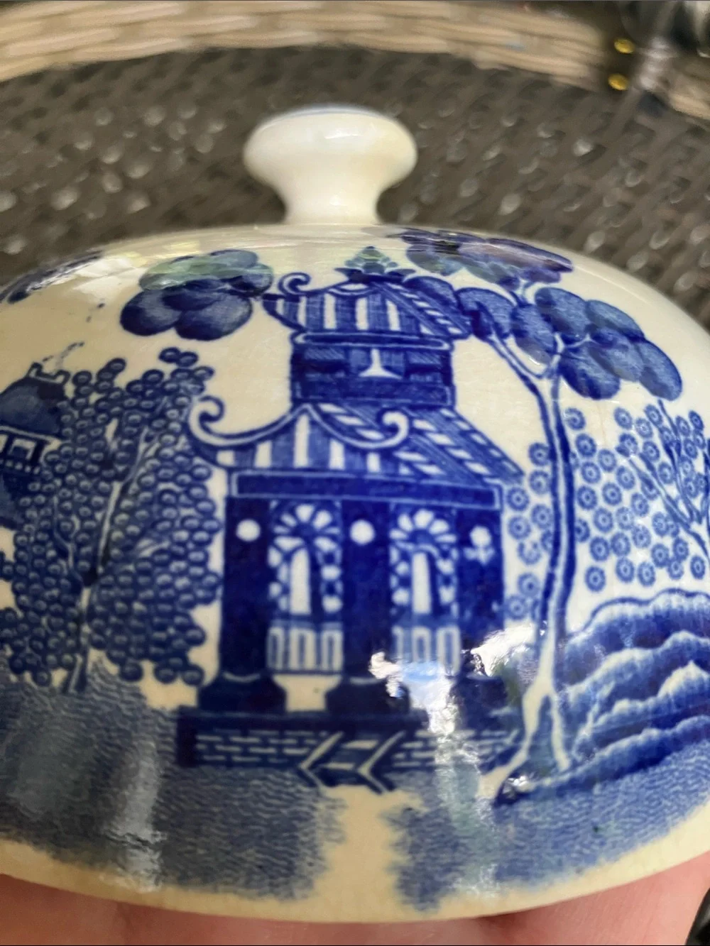 Antique Blue Willow Pagoda Butter Dish cover only stained no chips
